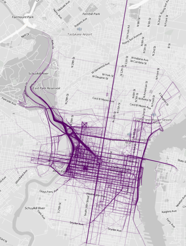 Where people run in Philadelphia, based on data from RunKeeper. The dark line going all the way down Broad Street is certainly a result data from the Broad Street Run.