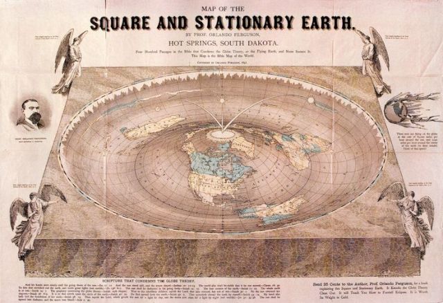 "Map of the Square and Stationary Earth" by Orlando Ferguson. Source: The History Blog